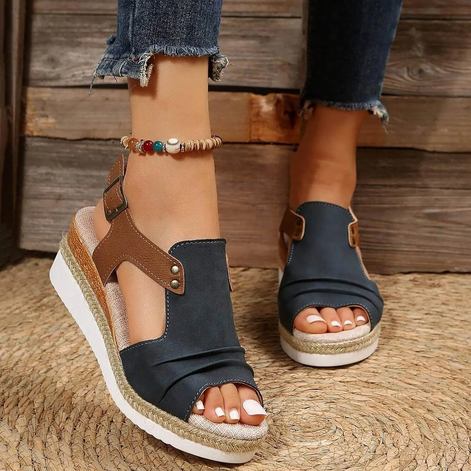 Cathalem Wedge Sandals for Women Open Toe Ankle Strap Wedge Heels Sandals Orthopedic Sandals Casual