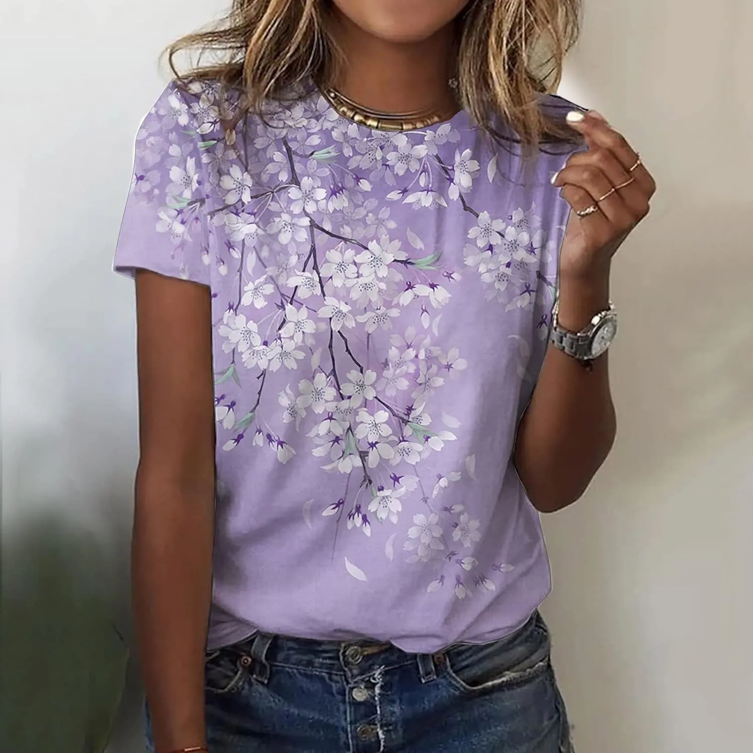 Ceboyel Women Short Sleeve Casual Blouse Floral Print Summer T Shirts Cute Graphic Loose Tees Tops Trendy Ladies Clothing