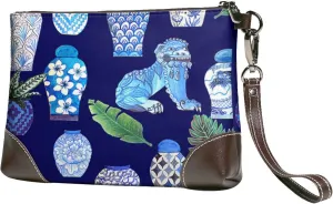 Chinoiserie Ginger Jars Foo Women Leather Clutch Purse Evening Bag Small Wristlet Wallet Cell Phone Bag