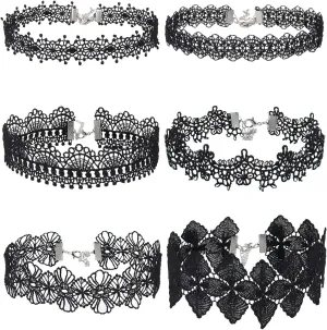Choker Necklace Black Choker Lace Choker Gothic Necklace for Women Girls, Black, 6 Pieces