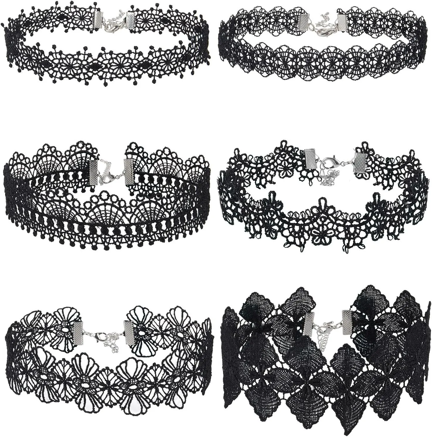 Choker Necklace Black Choker Lace Choker Gothic Necklace for Women Girls, Black, 6 Pieces
