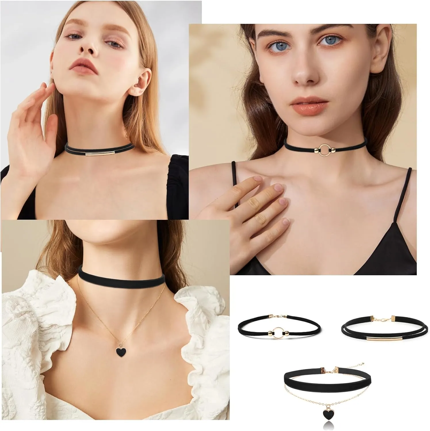 Choker Necklace for Women 3PCS Gothic Black Velvet Choker Adjustable Heart Pendant Layered Necklace Black Leather Jewelry