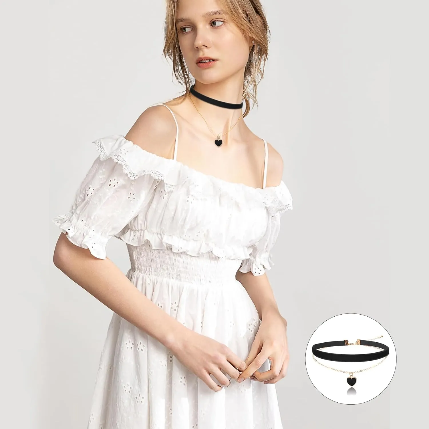 Choker Necklace for Women 3PCS Gothic Black Velvet Choker Adjustable Heart Pendant Layered Necklace Black Leather Jewelry
