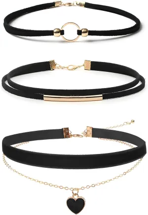 Choker Necklace for Women 3PCS Gothic Black Velvet Choker Adjustable Heart Pendant Layered Necklace Black Leather Jewelry