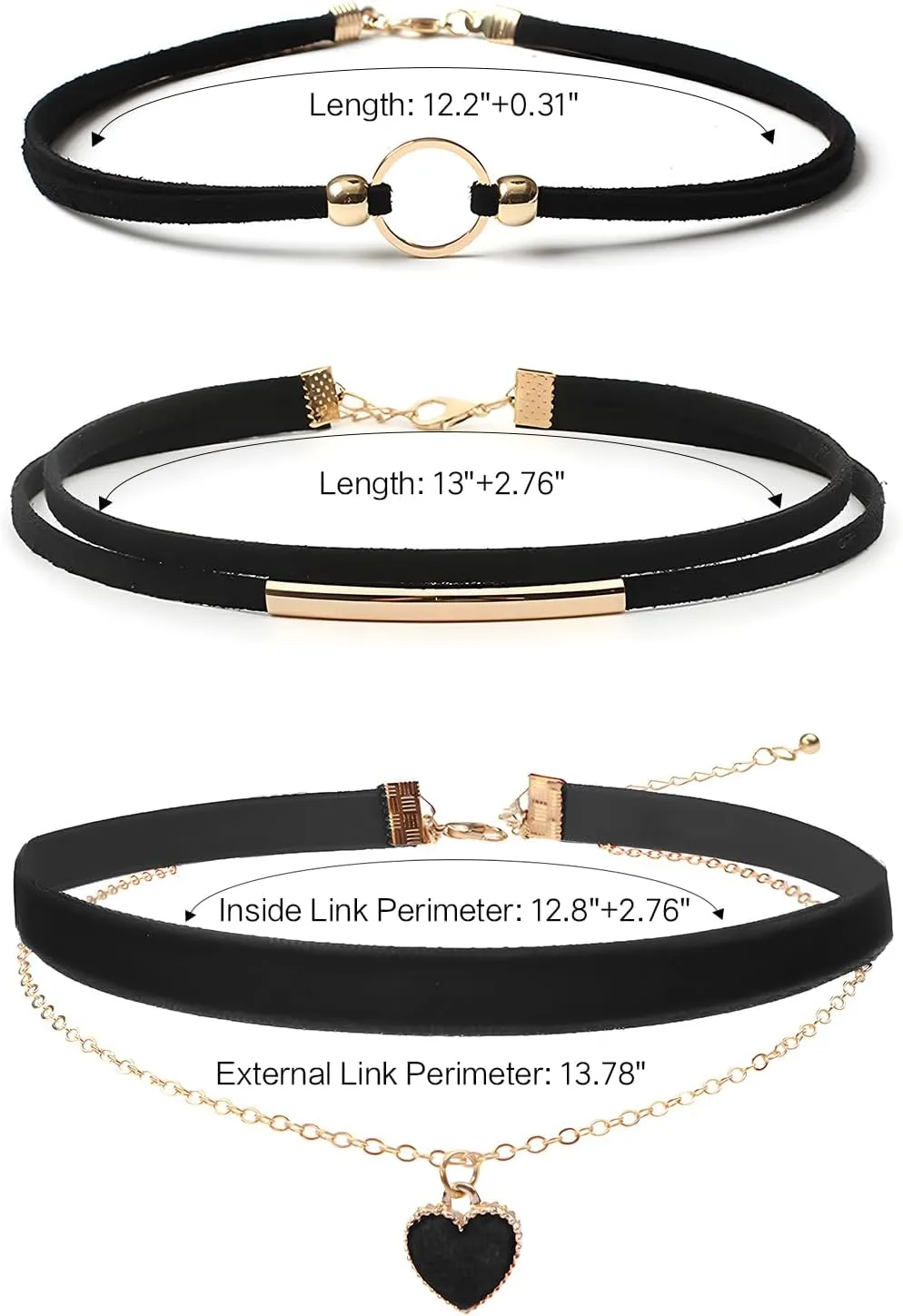Choker Necklace for Women 3PCS Gothic Black Velvet Choker Adjustable Heart Pendant Layered Necklace Black Leather Jewelry