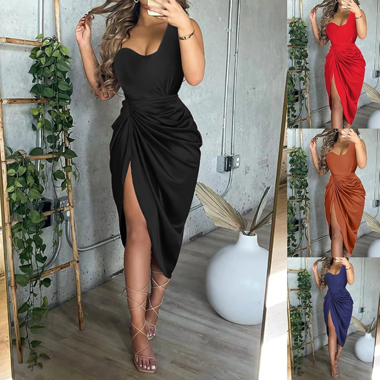 Cocktail Dresses,Sequin Bodycon One Shoulder Sexy Slit Midi Dress Formal Elegant Plus Size for Evening Dinner