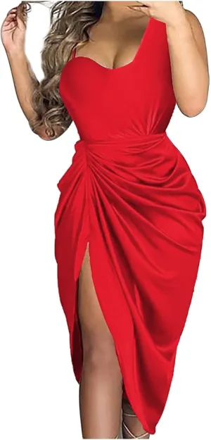 Cocktail Dresses,Sequin Bodycon One Shoulder Sexy Slit Midi Dress Formal Elegant Plus Size for Evening Dinner