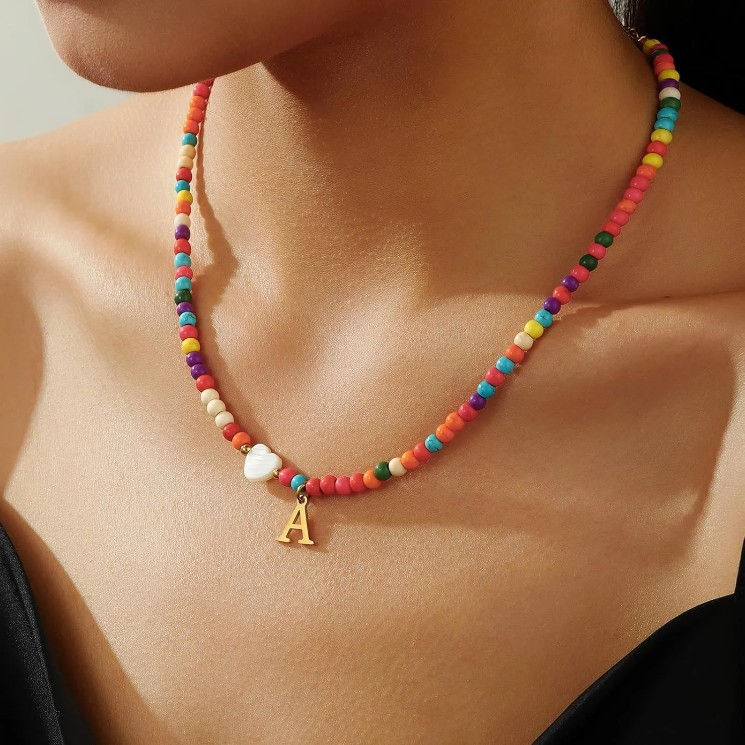 Colorful Beaded Initial Necklace Chokers for Women,Bohemian Chokers Necklaces for Women,Initial Charm Necklace Birthday Christmas Gifts for Women