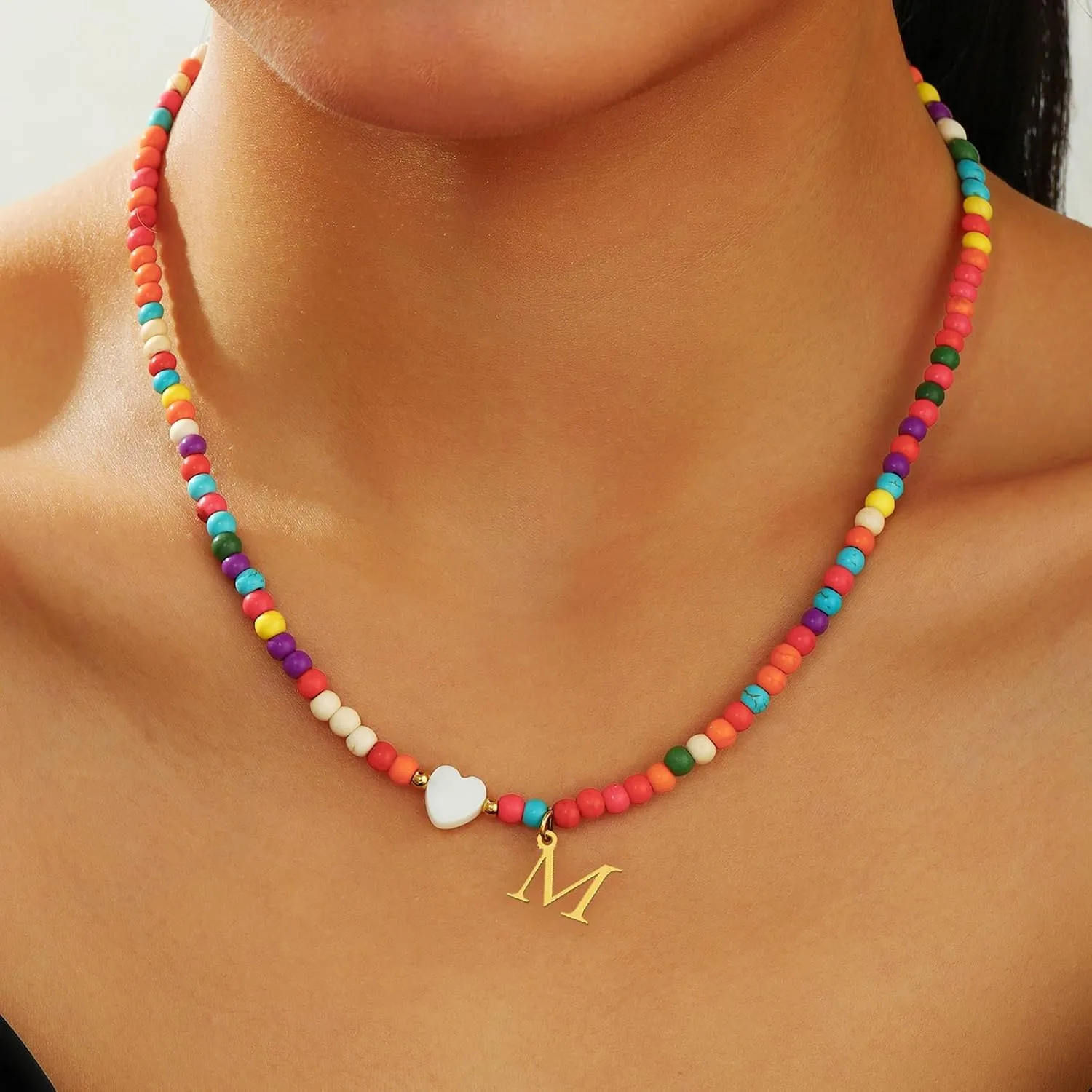 Colorful Beaded Initial Necklace Chokers for Women,Bohemian Chokers Necklaces for Women,Initial Charm Necklace Birthday Christmas Gifts for Women