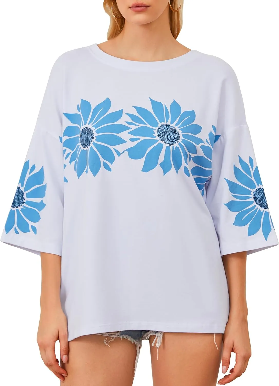 Cotton Oversized Hibiscus Tee Shirt for Women Floral Graphic Hawaiian T Shirts Casual Summer Vacation Loose Tops