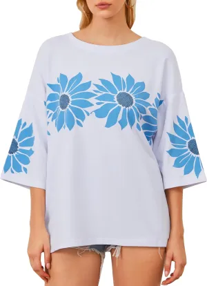Cotton Oversized Hibiscus Tee Shirt for Women Floral Graphic Hawaiian T Shirts Casual Summer Vacation Loose Tops