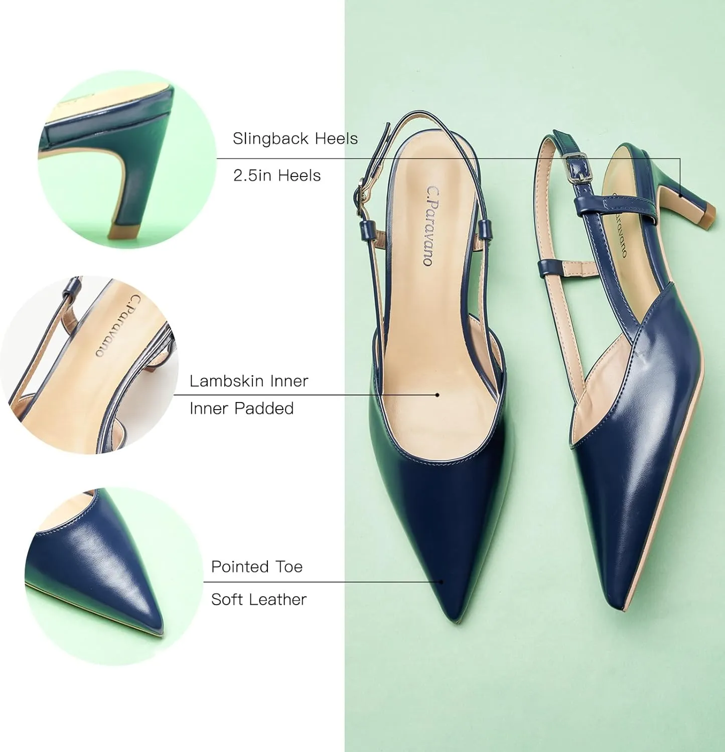 C.Paravano Beige Slingback Heels for Women - Pointed Toe, Stiletto Heels, Slip On Work Pumps, Dress Shoes