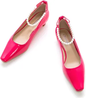 C.Paravano Chunky Low Heel Women's Square Toe Pumps Slip-On Closed Toe Low Heeled Pearl Ankle Strap Pumps Bridal Wedding Shoes