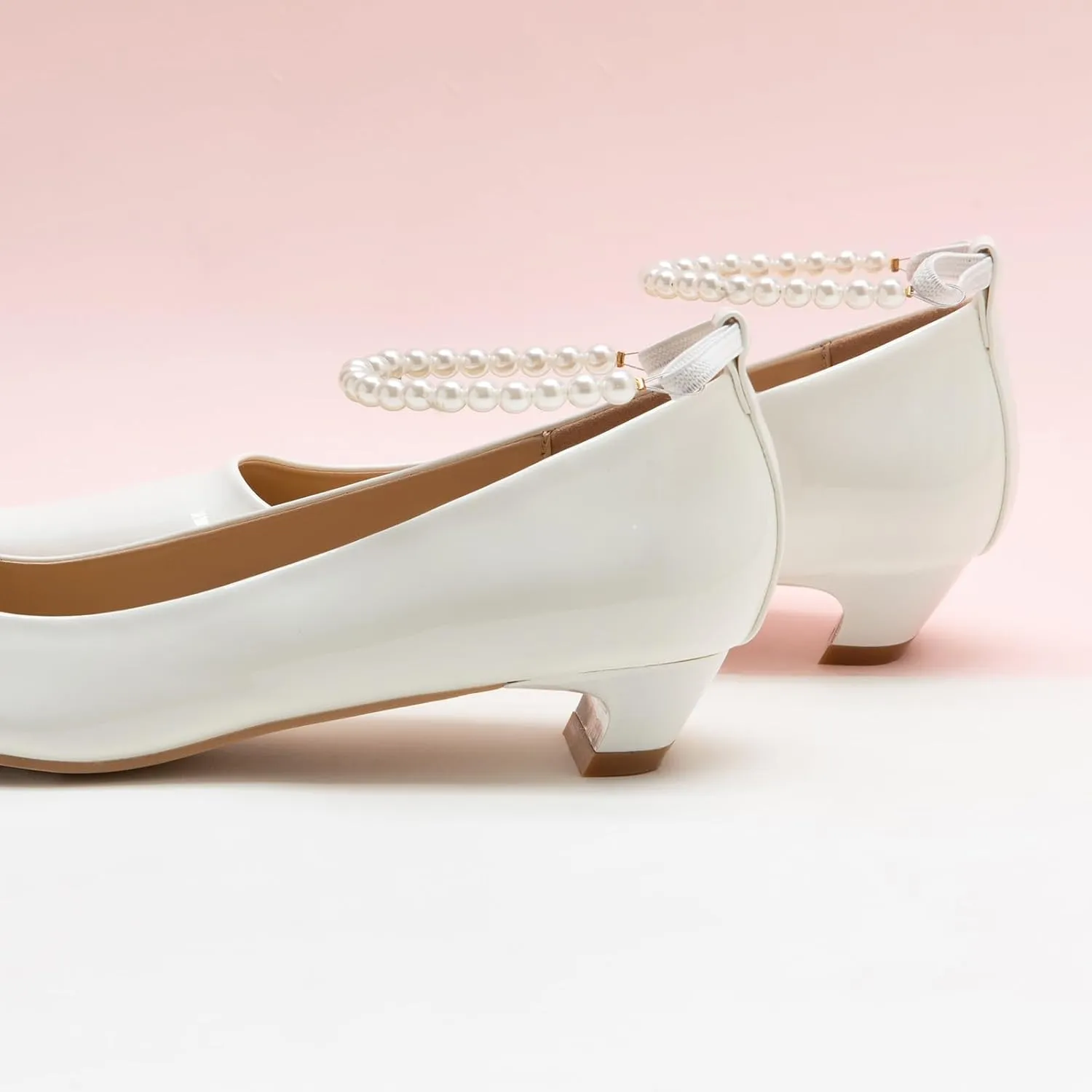 C.Paravano Chunky Low Heel Women's Square Toe Pumps Slip-On Closed Toe Low Heeled Pearl Ankle Strap Pumps Bridal Wedding Shoes