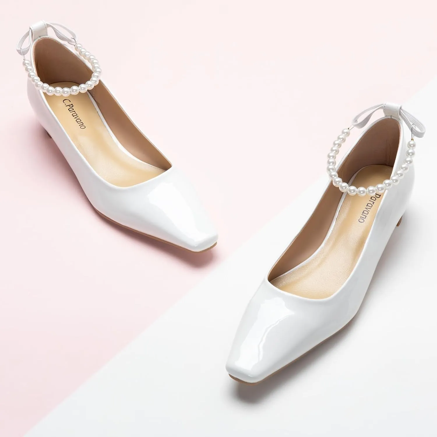 C.Paravano Chunky Low Heel Women's Square Toe Pumps Slip-On Closed Toe Low Heeled Pearl Ankle Strap Pumps Bridal Wedding Shoes
