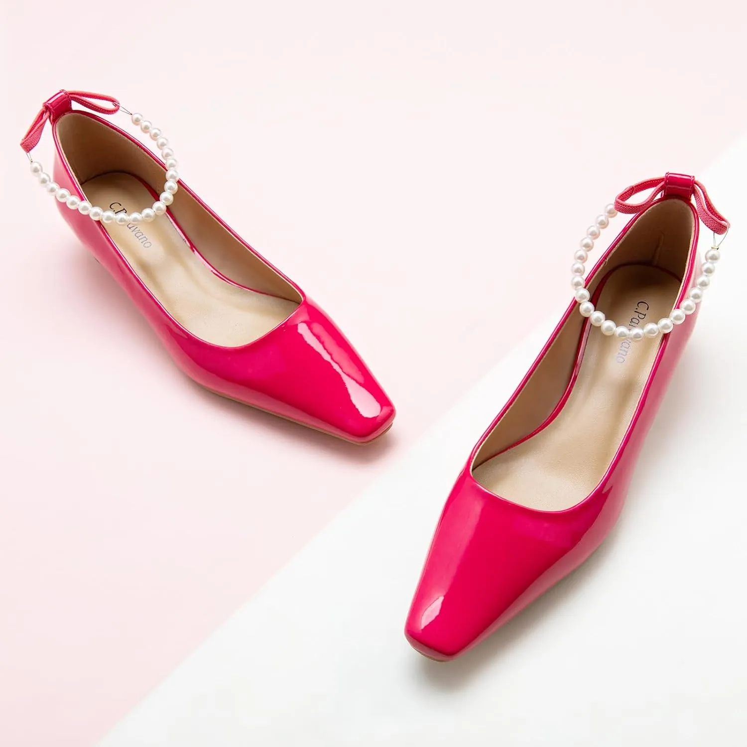 C.Paravano Chunky Low Heel Women's Square Toe Pumps Slip-On Closed Toe Low Heeled Pearl Ankle Strap Pumps Bridal Wedding Shoes