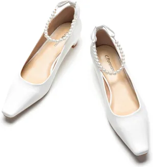 C.Paravano Chunky Low Heel Women's Square Toe Pumps Slip-On Closed Toe Low Heeled Pearl Ankle Strap Pumps Bridal Wedding Shoes