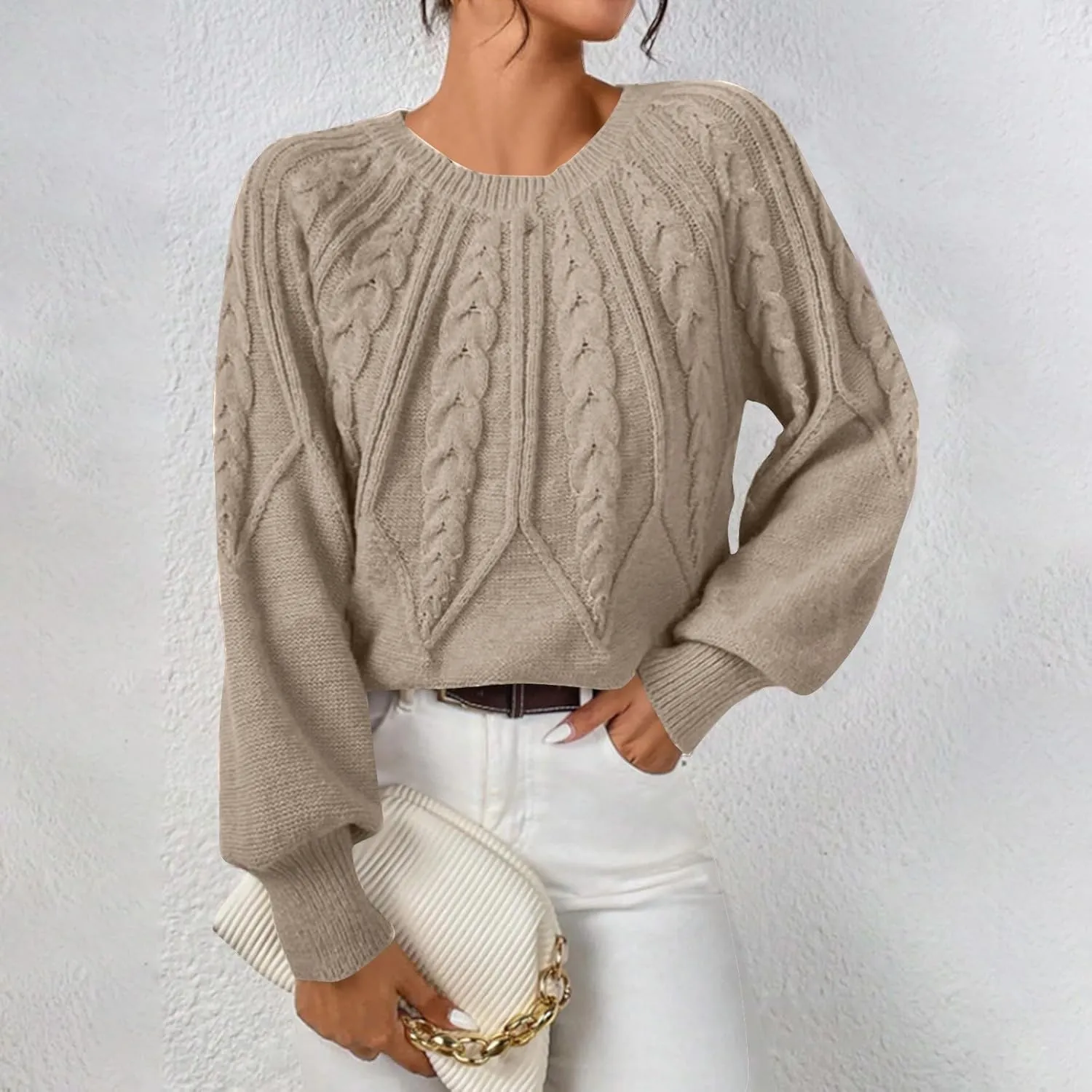 Crewneck Sweater Women Cable Knit Chunky Long Sleeve Winter Sweaters Oversized Crew Neck Cute Pullover Outfits