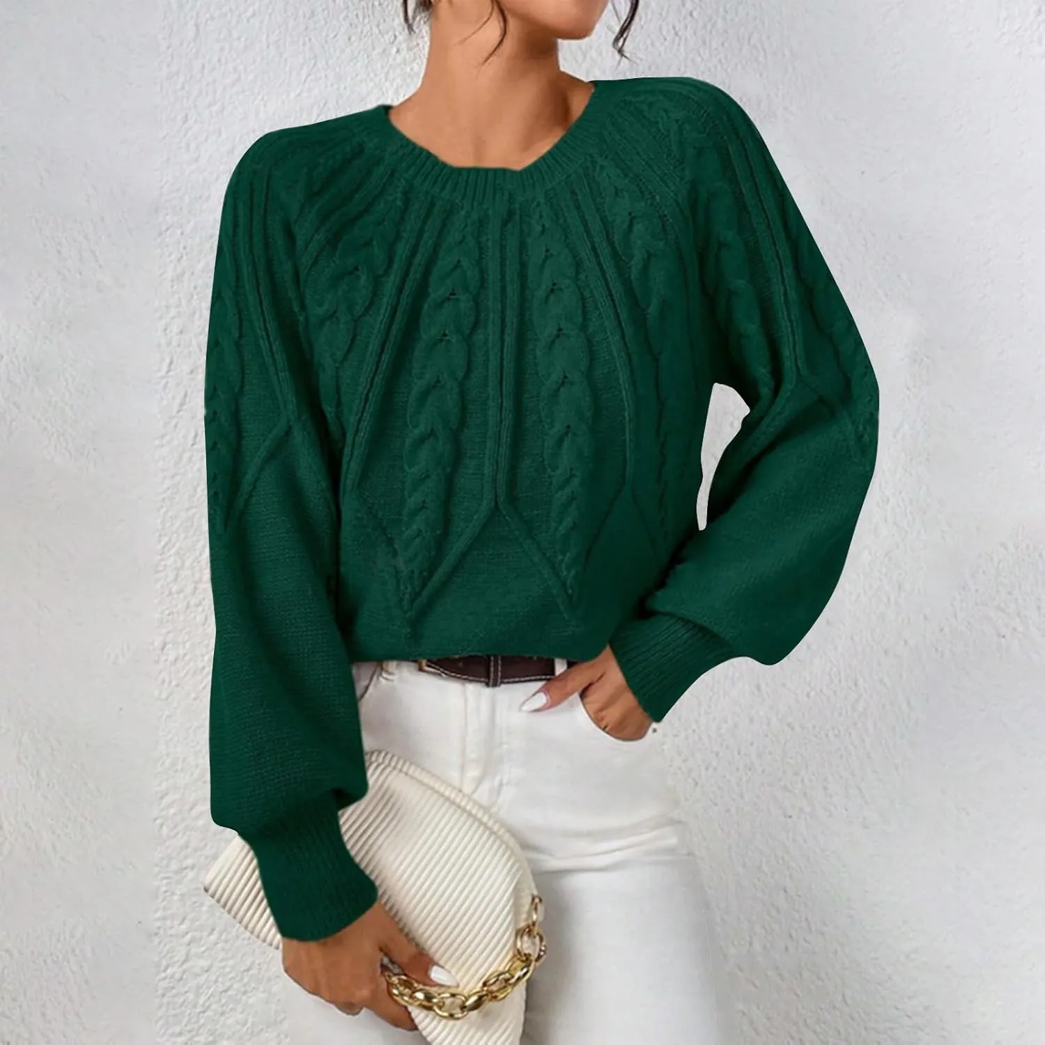 Crewneck Sweater Women Cable Knit Chunky Long Sleeve Winter Sweaters Oversized Crew Neck Cute Pullover Outfits