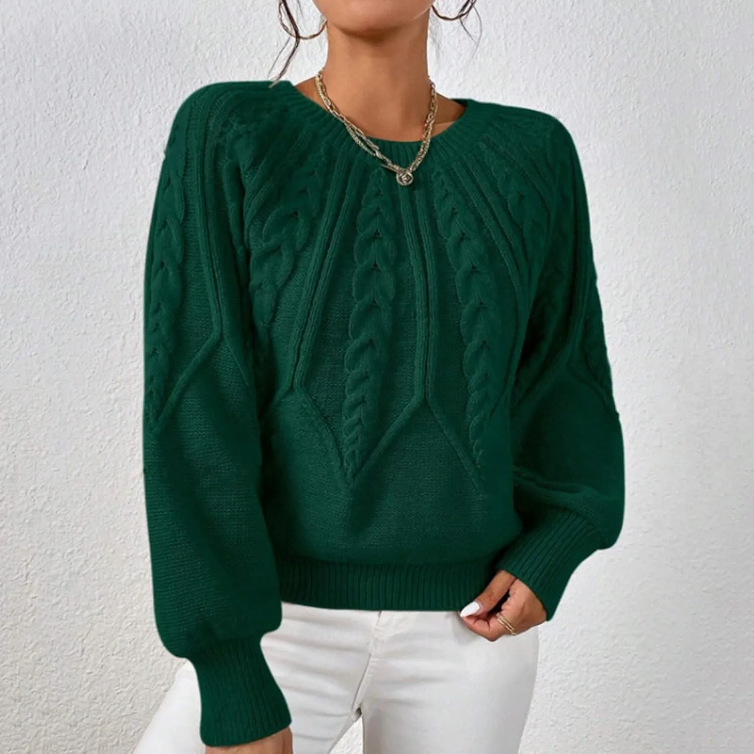 Crewneck Sweater Women Cable Knit Chunky Long Sleeve Winter Sweaters Oversized Crew Neck Cute Pullover Outfits