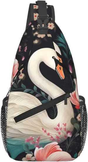 Cross Chest Bag for Men Women Crossbody Backpack Floral Swan Sling Bag Travel Hiking Daypack