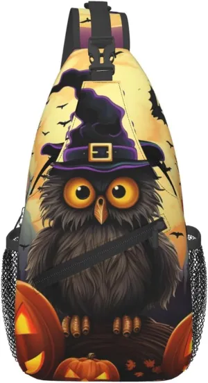 Cross Chest Bag for Men Women Crossbody Backpack Halloween Owl Ghost Pumpkin Sling Bag Travel Hiking Daypack