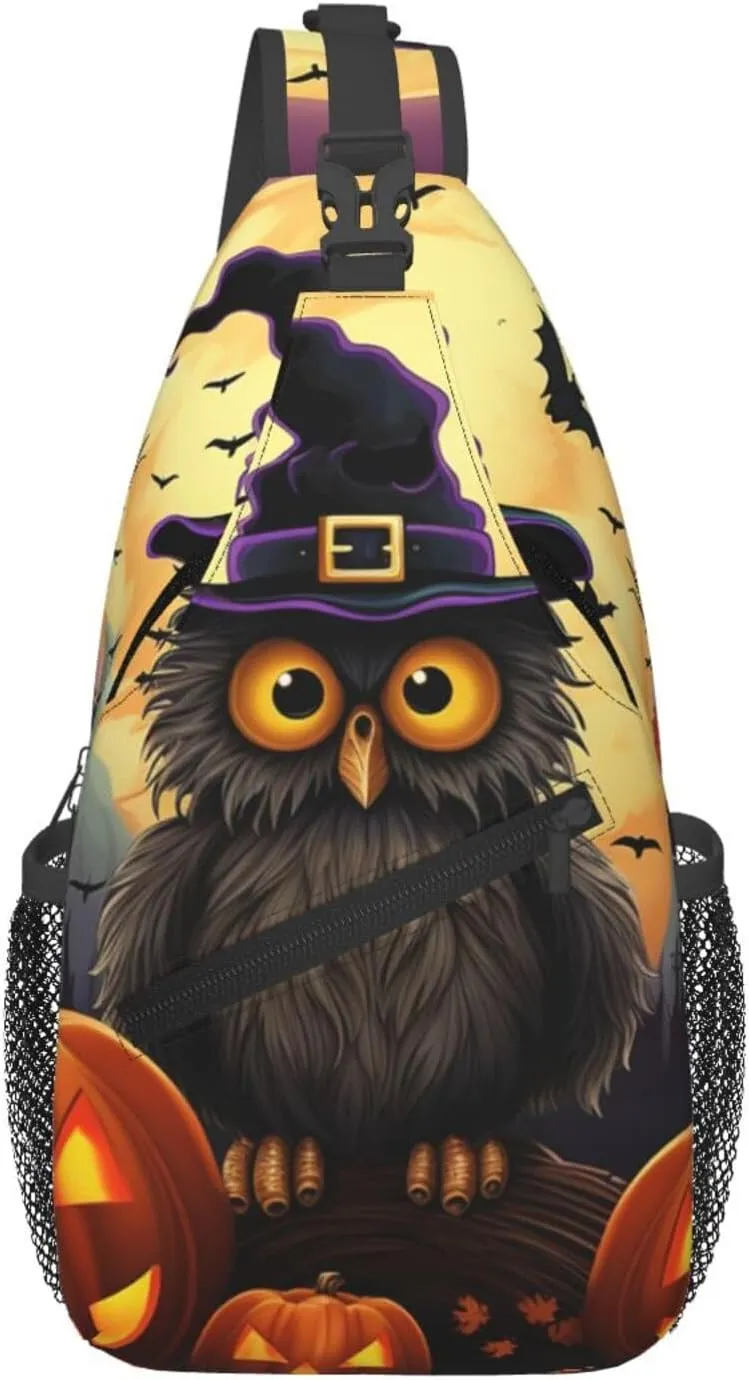 Cross Chest Bag for Men Women Crossbody Backpack Halloween Owl Ghost Pumpkin Sling Bag Travel Hiking Daypack