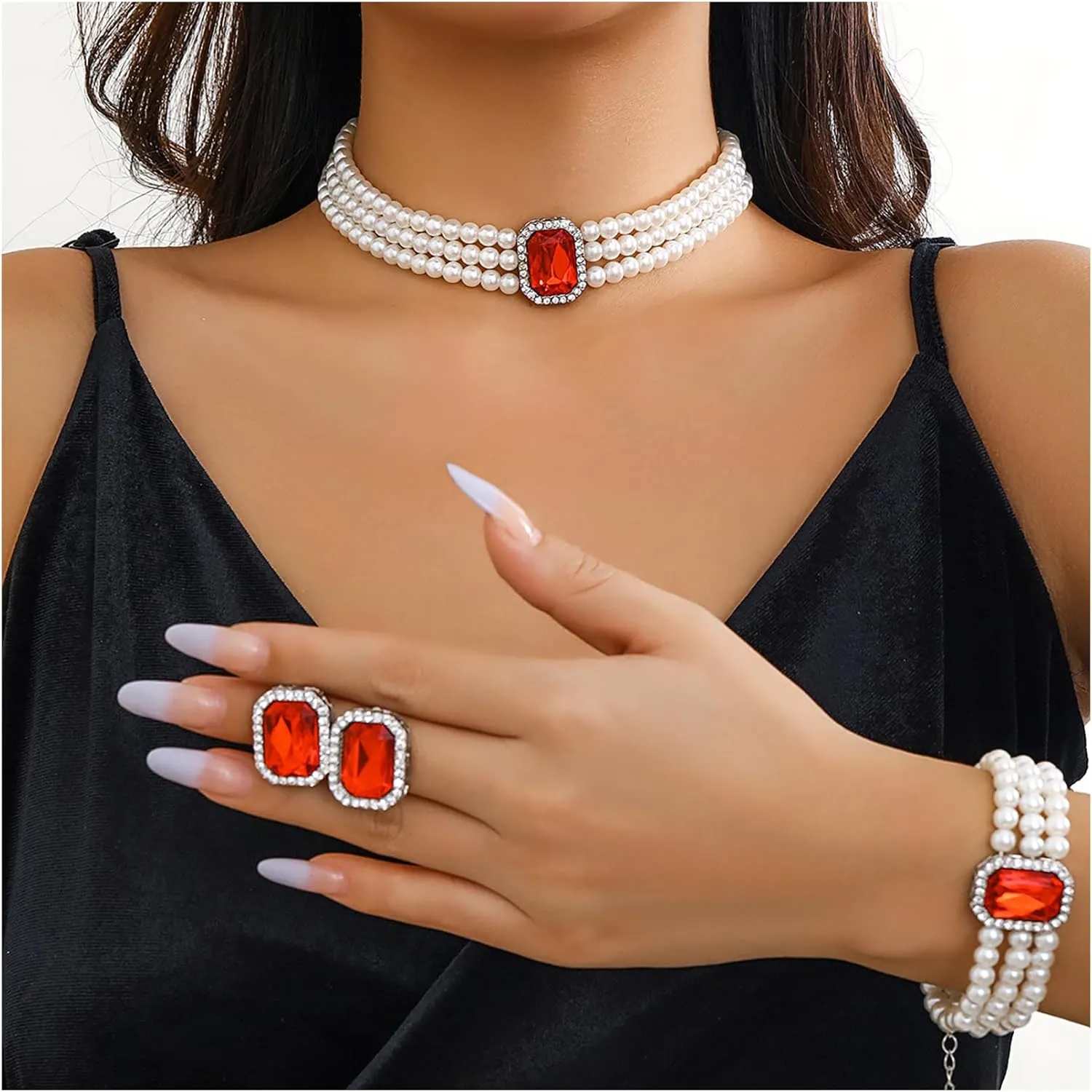 Crystal Choker Necklace for Women Earring Necklace&Bracelet Set Fashion Gemstone Pearl Necklace for Party and Wedding