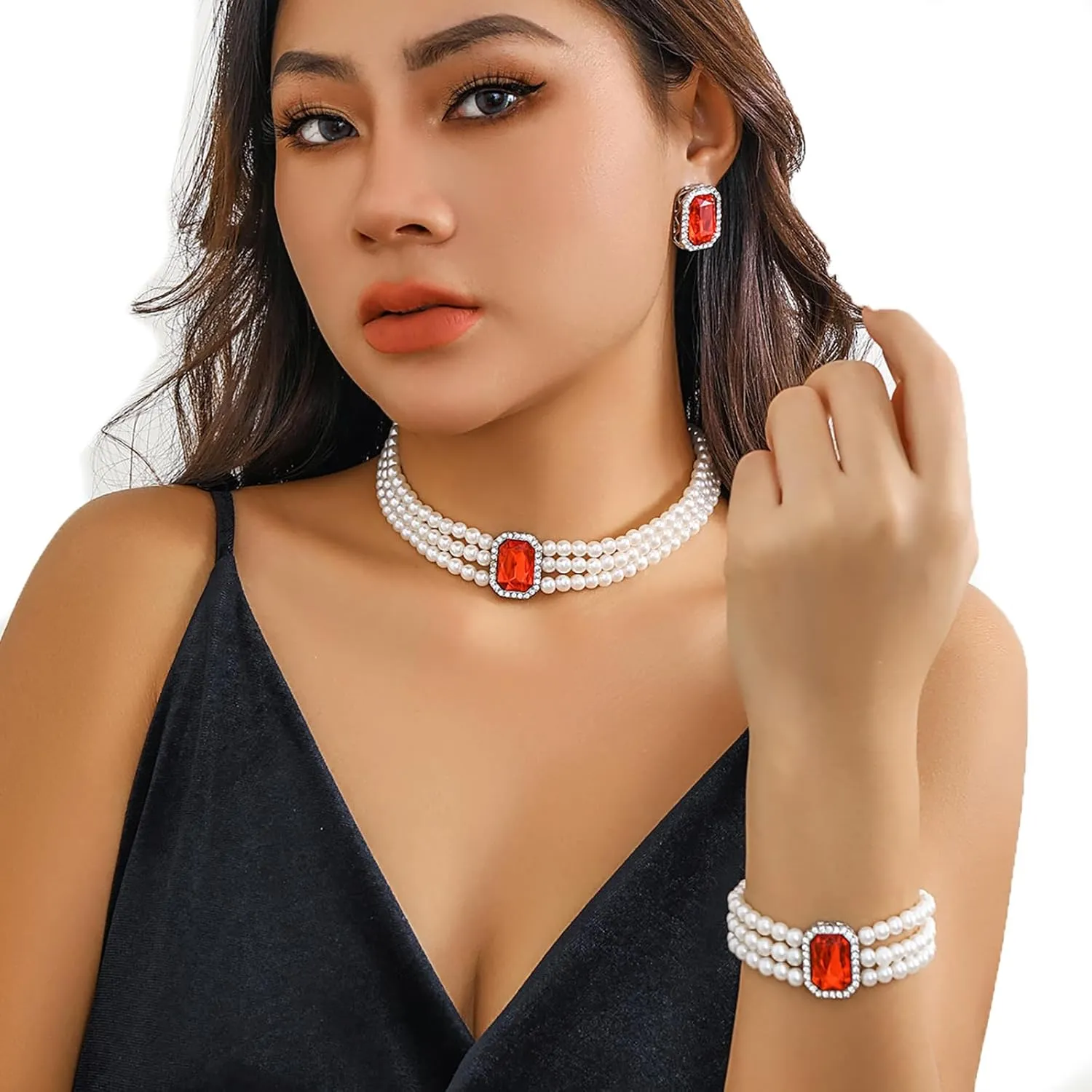 Crystal Choker Necklace for Women Earring Necklace&Bracelet Set Fashion Gemstone Pearl Necklace for Party and Wedding