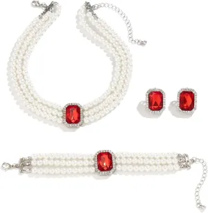 Crystal Choker Necklace for Women Earring Necklace&Bracelet Set Fashion Gemstone Pearl Necklace for Party and Wedding