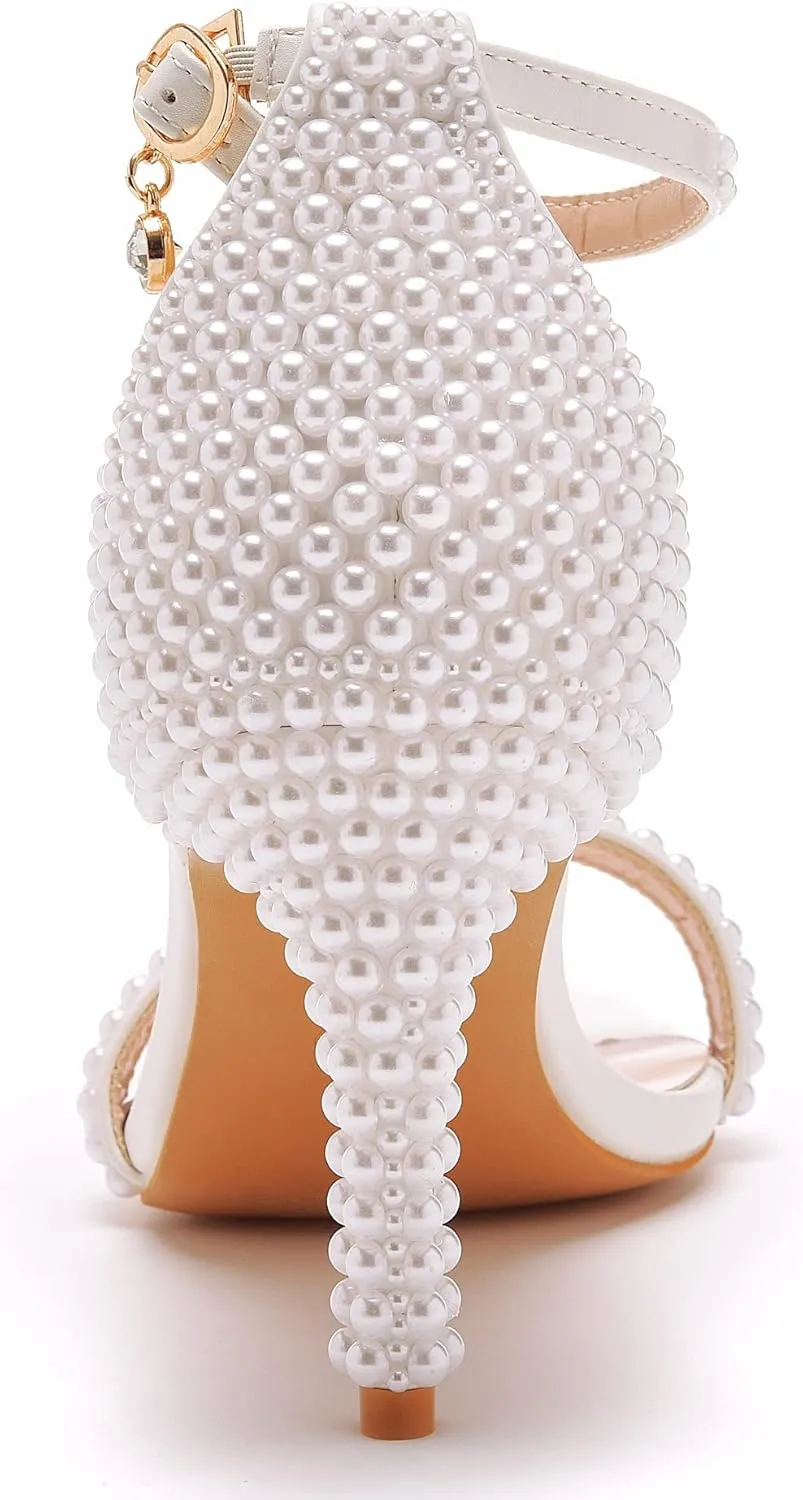 Crystal Queen Full Pearls Heels Sandals Stiletto Heels Peep Toe High Heel Sandals Pump Shoes For Bride Wedding Party Evening