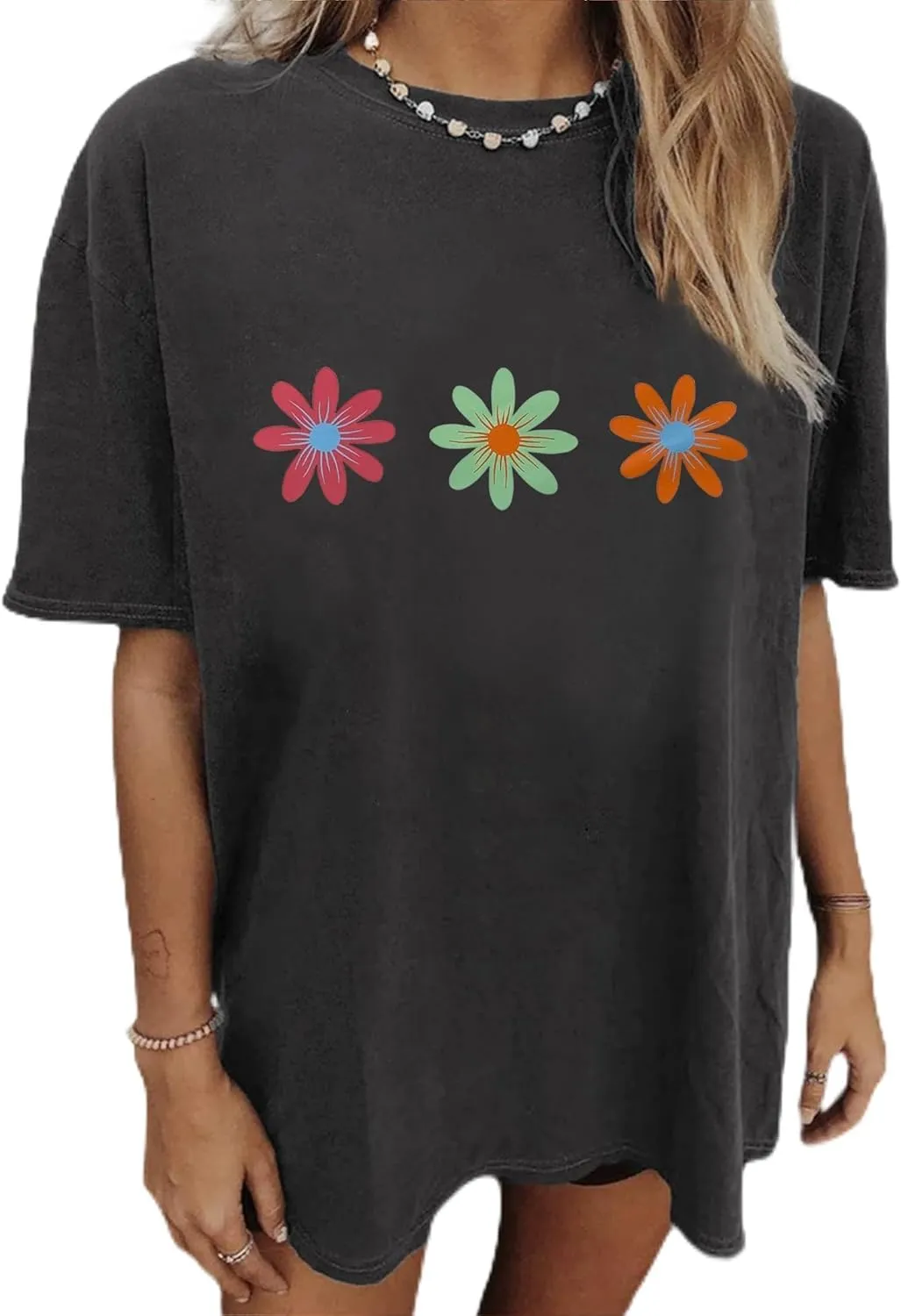 CSDAJIO Women's Casual Summer Boho Floral Print Wildflowers Graphic Tee Short Sleeve Oversized T Shirt