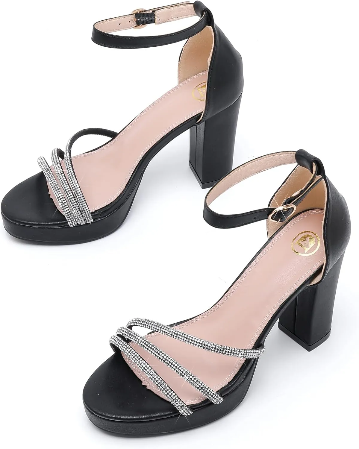 DADAWEN Platform Heels for Women Strappy Open Toe Rhinestone Block Chunky High heels Sandals Ankle Strap Heeled Sandals Wedding Party Dress Pumps Shoes