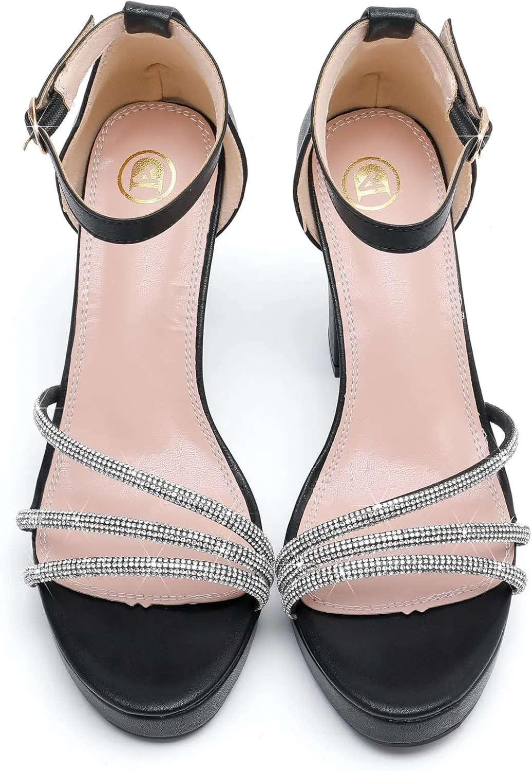 DADAWEN Platform Heels for Women Strappy Open Toe Rhinestone Block Chunky High heels Sandals Ankle Strap Heeled Sandals Wedding Party Dress Pumps Shoes