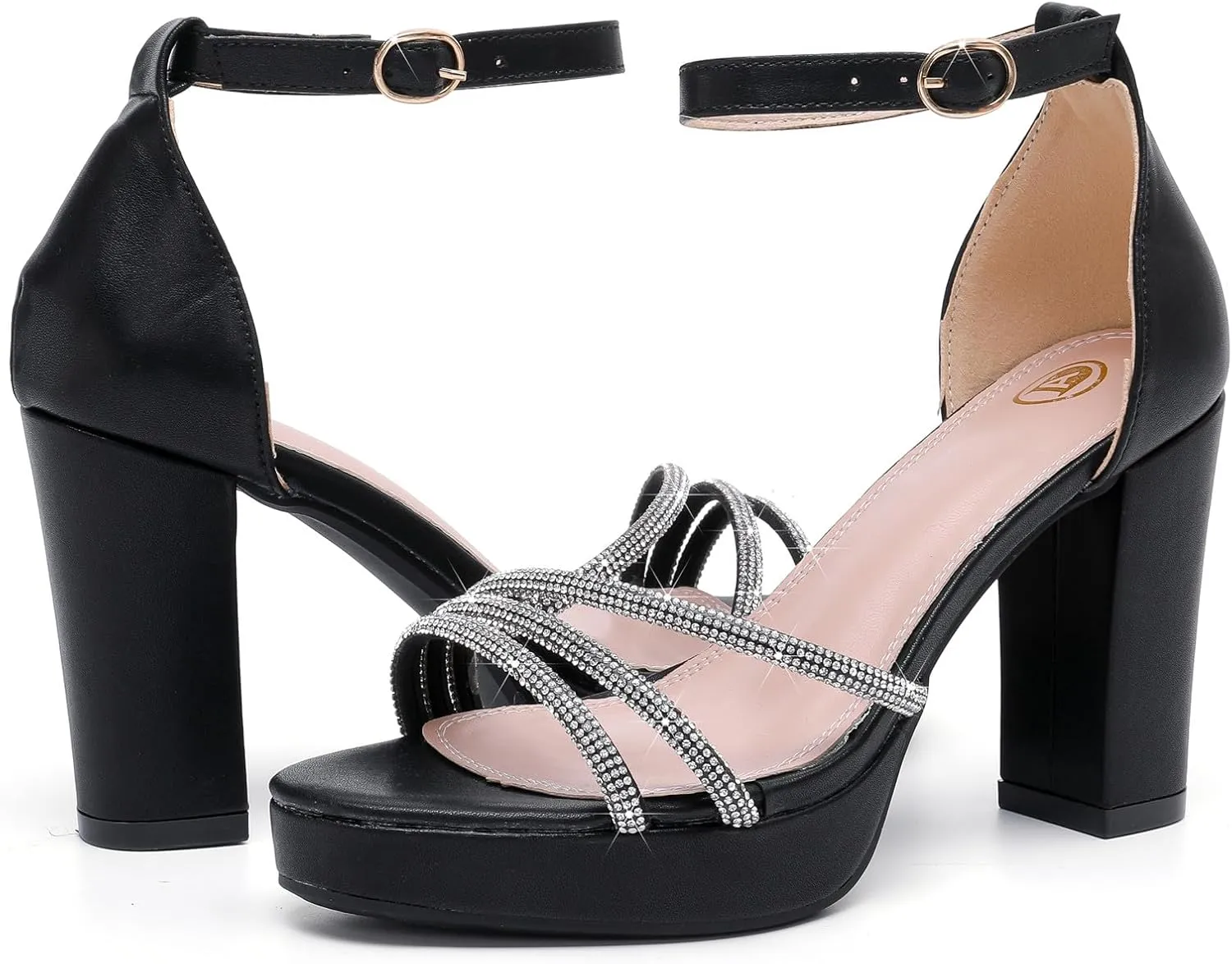 DADAWEN Platform Heels for Women Strappy Open Toe Rhinestone Block Chunky High heels Sandals Ankle Strap Heeled Sandals Wedding Party Dress Pumps Shoes
