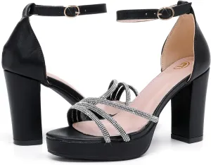 DADAWEN Platform Heels for Women Strappy Open Toe Rhinestone Block Chunky High heels Sandals Ankle Strap Heeled Sandals Wedding Party Dress Pumps Shoes