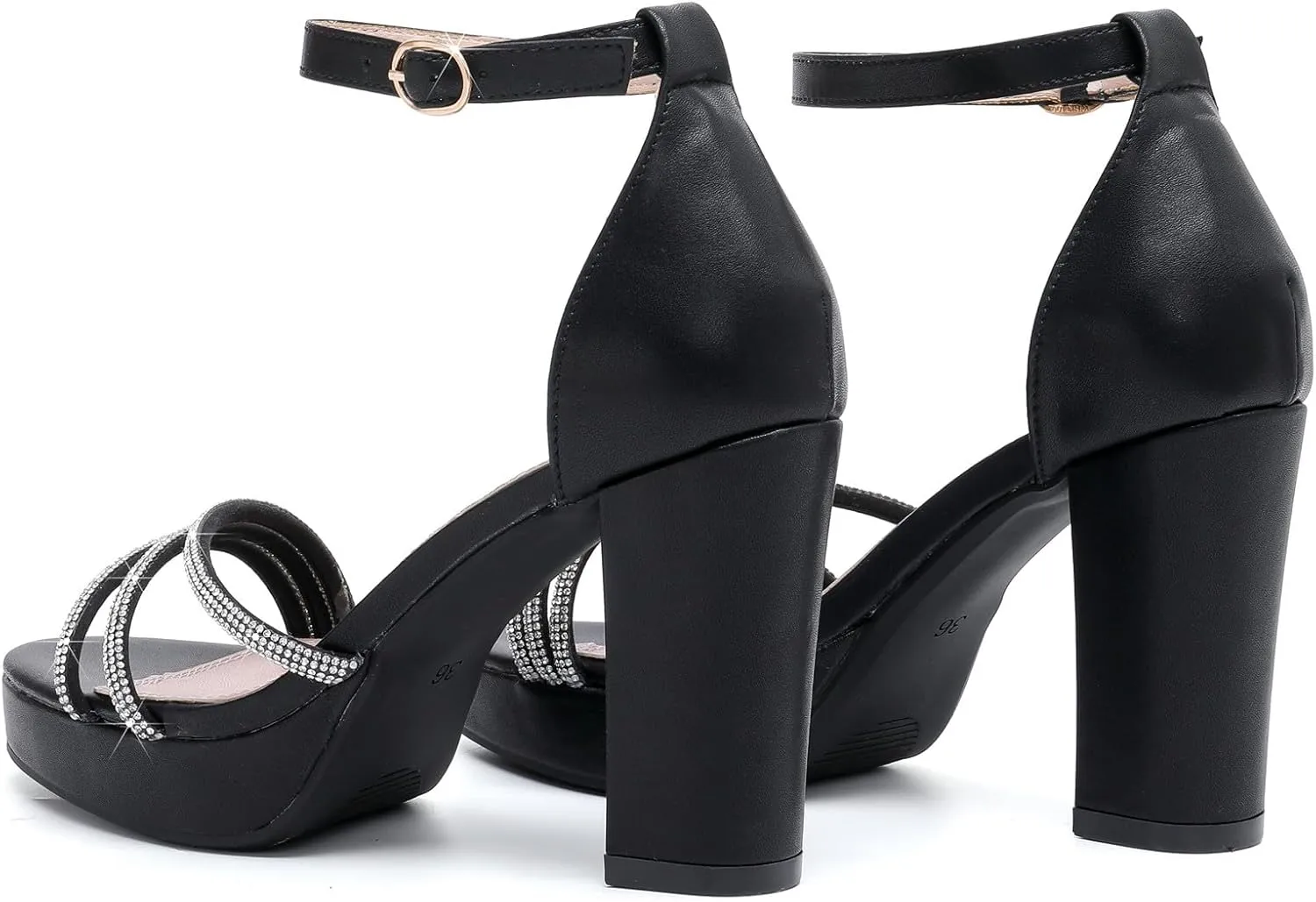 DADAWEN Platform Heels for Women Strappy Open Toe Rhinestone Block Chunky High heels Sandals Ankle Strap Heeled Sandals Wedding Party Dress Pumps Shoes