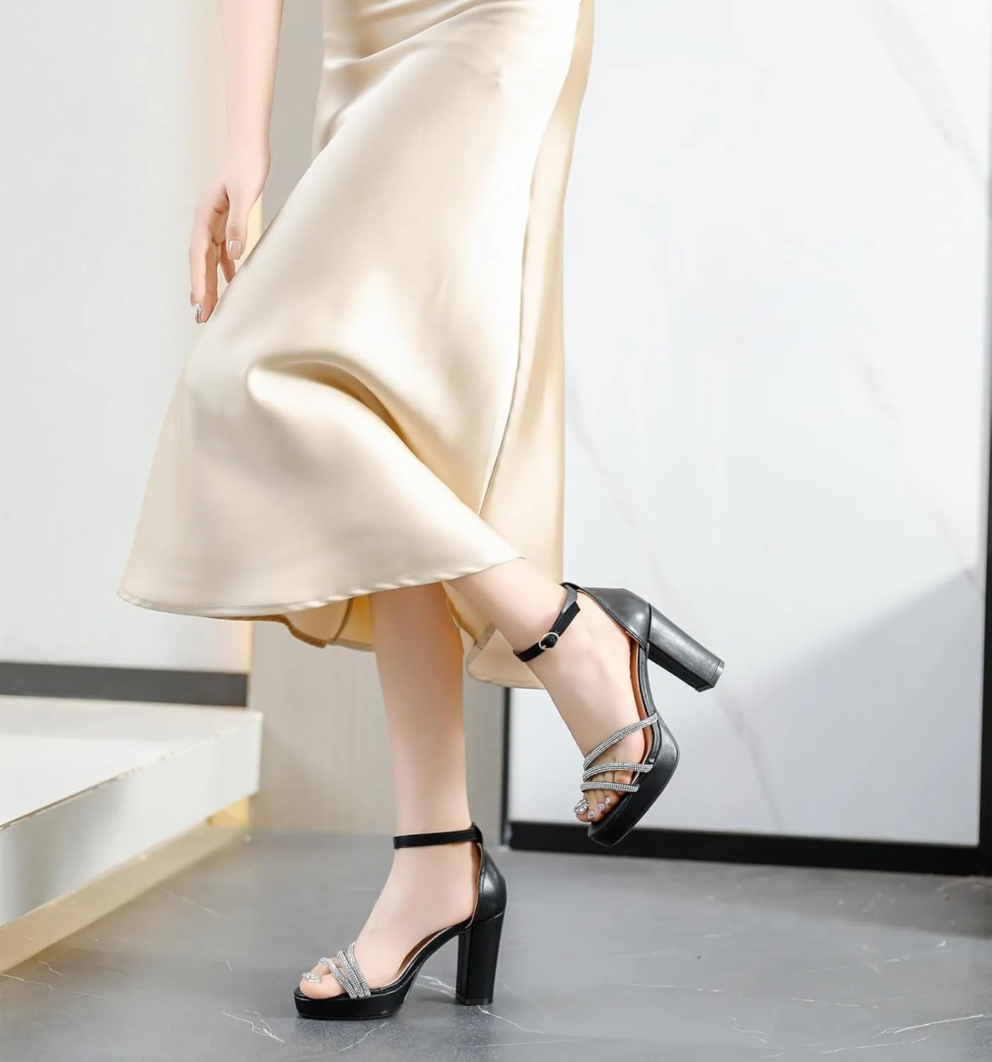 DADAWEN Platform Heels for Women Strappy Open Toe Rhinestone Block Chunky High heels Sandals Ankle Strap Heeled Sandals Wedding Party Dress Pumps Shoes