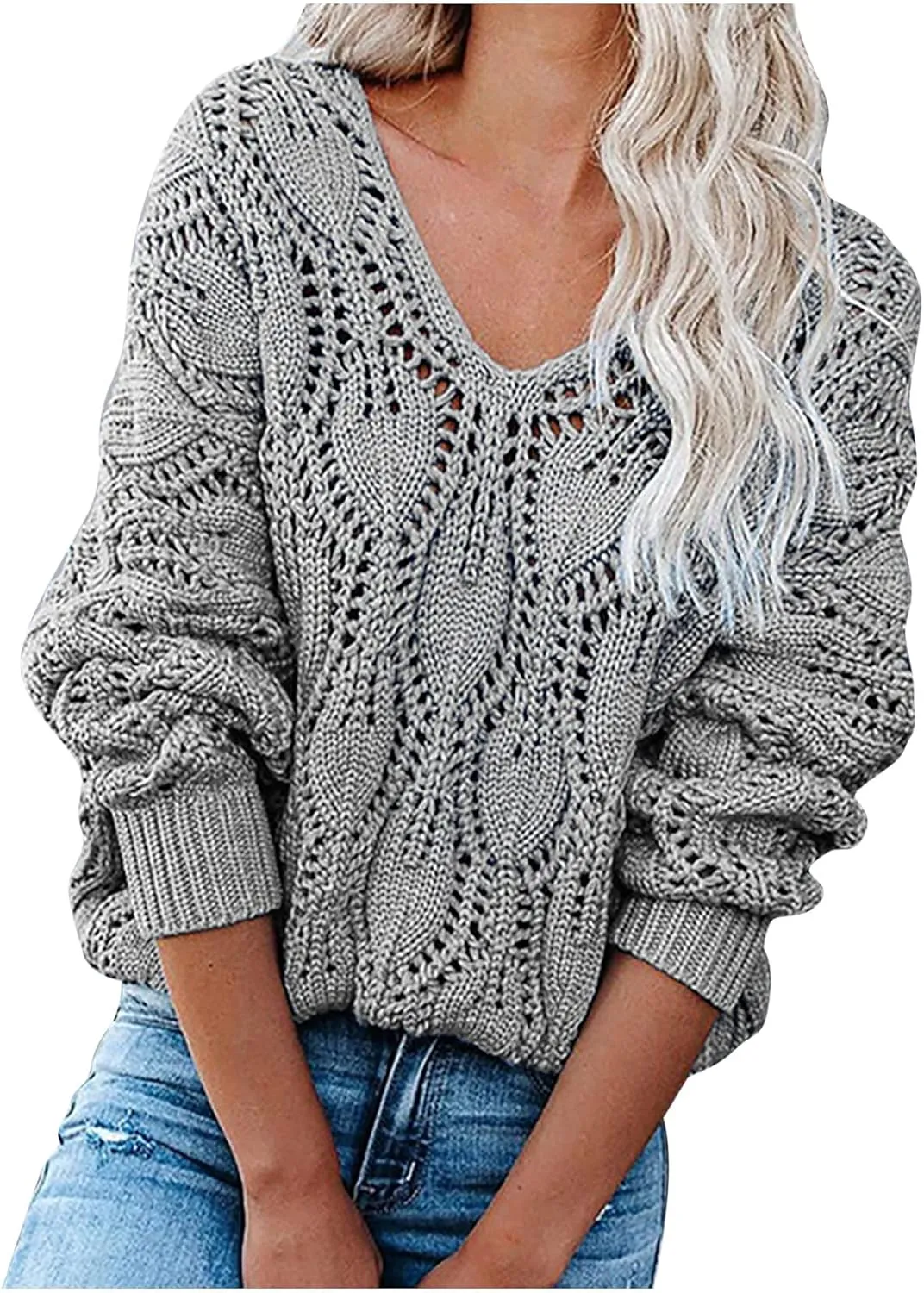 DASAYO Womens Long Sleeve Oversized Chunky Sweaters Casual Vneck Pullover Knit Sweater Fashion Fall Outfits Plus Size 2022