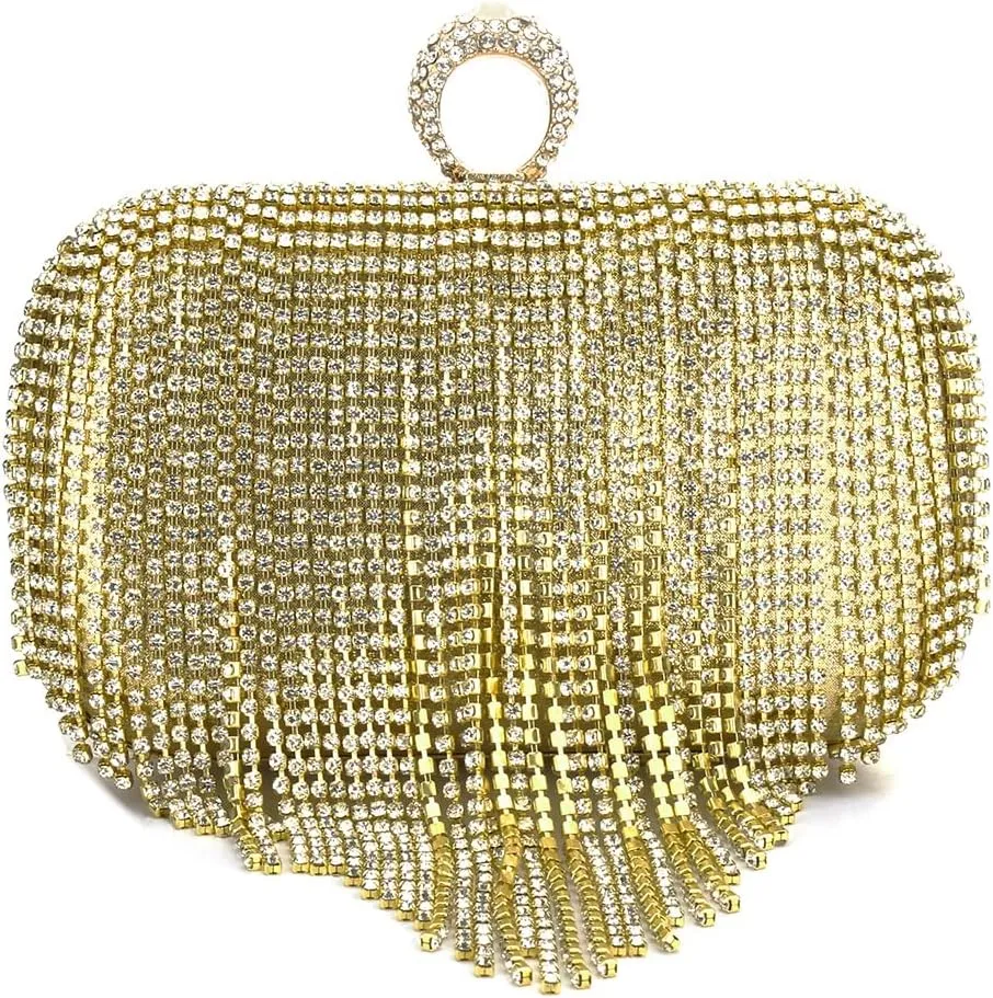 Dinner Bag Handbag with Tassels for Women, Rhinestones Shoulder Bag, Ladies Banquet Clutch Bag for Party, Wedding (Color : Gold)