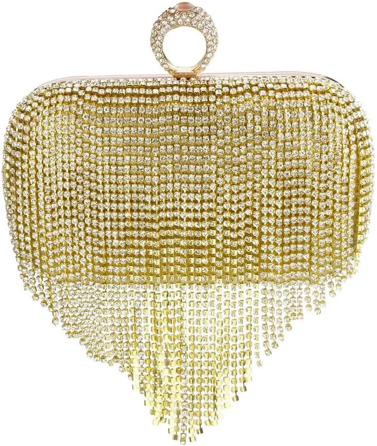Dinner Bag Handbag with Tassels for Women, Rhinestones Shoulder Bag, Ladies Banquet Clutch Bag for Party, Wedding (Color : Gold)