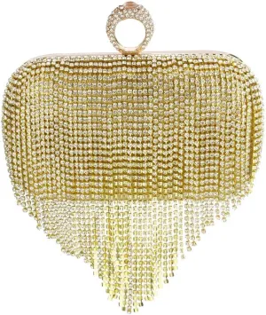 Dinner Bag Handbag with Tassels for Women, Rhinestones Shoulder Bag, Ladies Banquet Clutch Bag for Party, Wedding (Color : Gold)