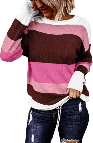 Dokotoo Fall Sweaters Round Neck Striped Cute Winter Pullover Sweaters for Women Trendy 2024 Drawstring
