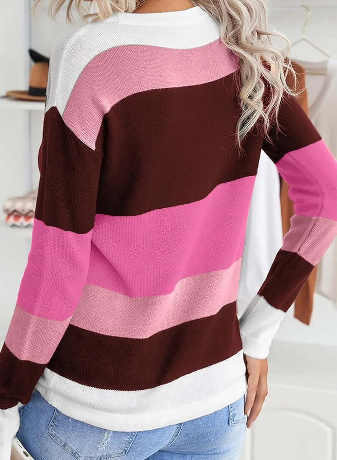 Dokotoo Fall Sweaters Round Neck Striped Cute Winter Pullover Sweaters for Women Trendy 2024 Drawstring