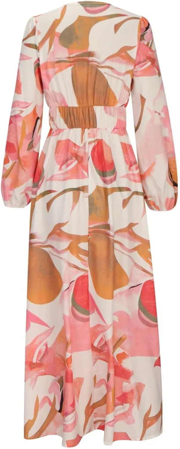 Dresses for Women 2024 Casual Fall Boho Maxi Dress Elegant Long Sleeve V Neck Printed Beach Long Flowy Dresses