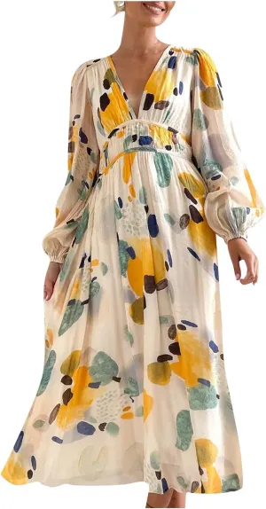 Dresses for Women 2024 Casual Fall Boho Maxi Dress Elegant Long Sleeve V Neck Printed Beach Long Flowy Dresses