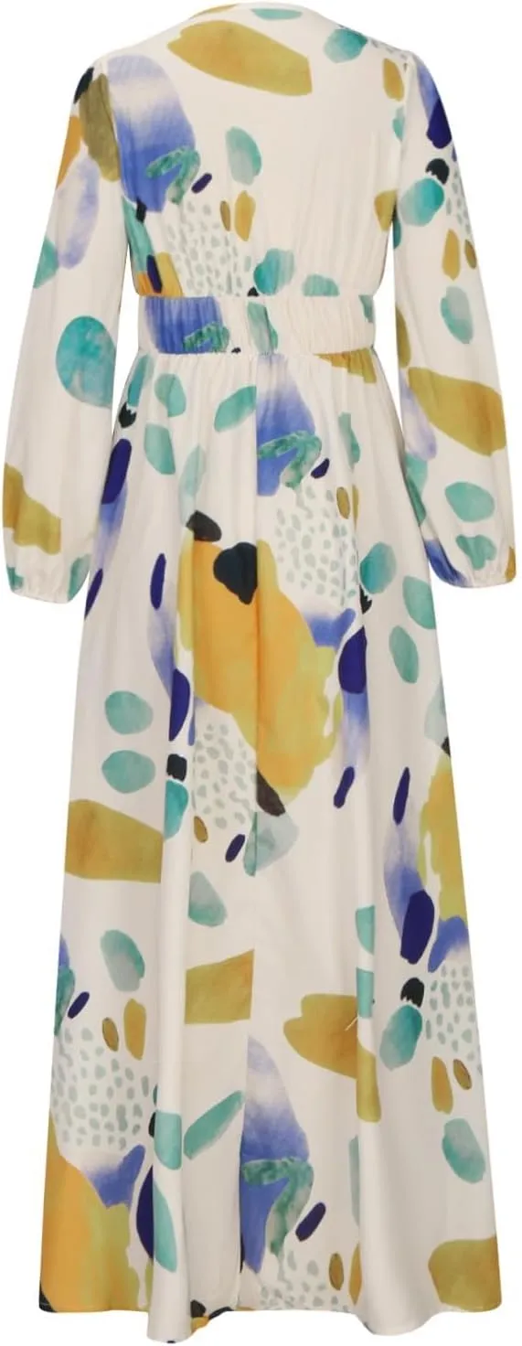 Dresses for Women 2024 Casual Fall Boho Maxi Dress Elegant Long Sleeve V Neck Printed Beach Long Flowy Dresses