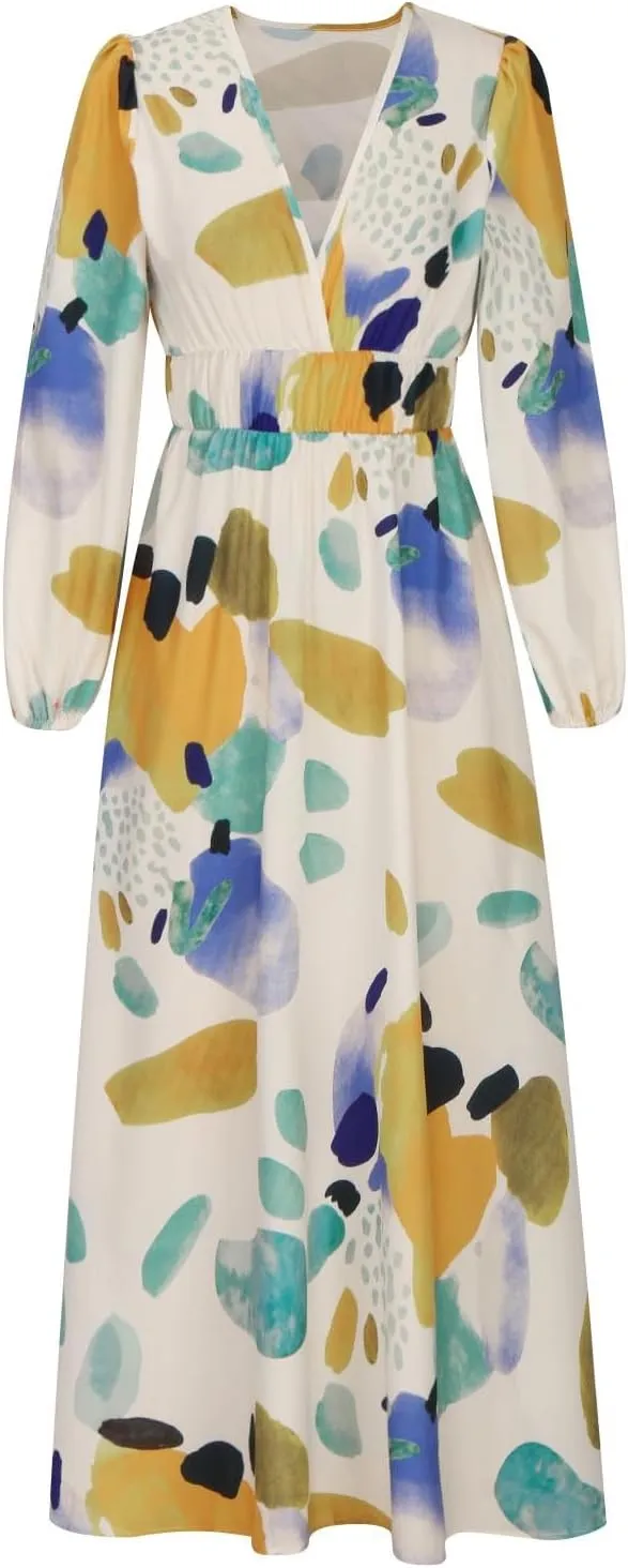Dresses for Women 2024 Casual Fall Boho Maxi Dress Elegant Long Sleeve V Neck Printed Beach Long Flowy Dresses