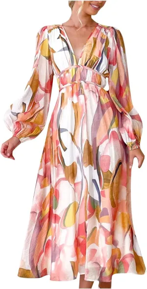 Dresses for Women 2024 Casual Fall Boho Maxi Dress Elegant Long Sleeve V Neck Printed Beach Long Flowy Dresses