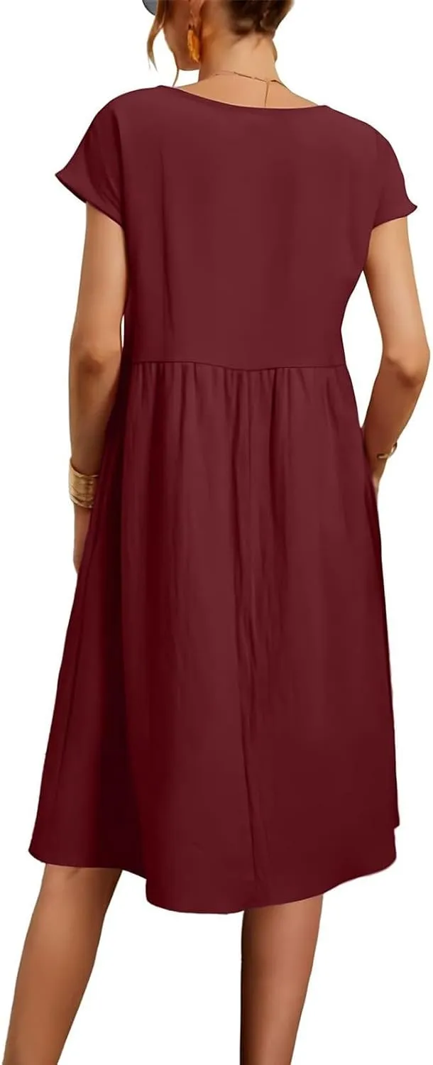 Dresses for Women Summer Plus Size Linen Short Sleeve Midi Dress Casual 2024 Beach Vacation Sundress with Pockets